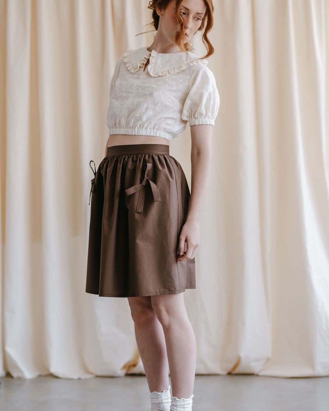 3 – White Peter pan Collar Shirt with Brown Pleated Skirt