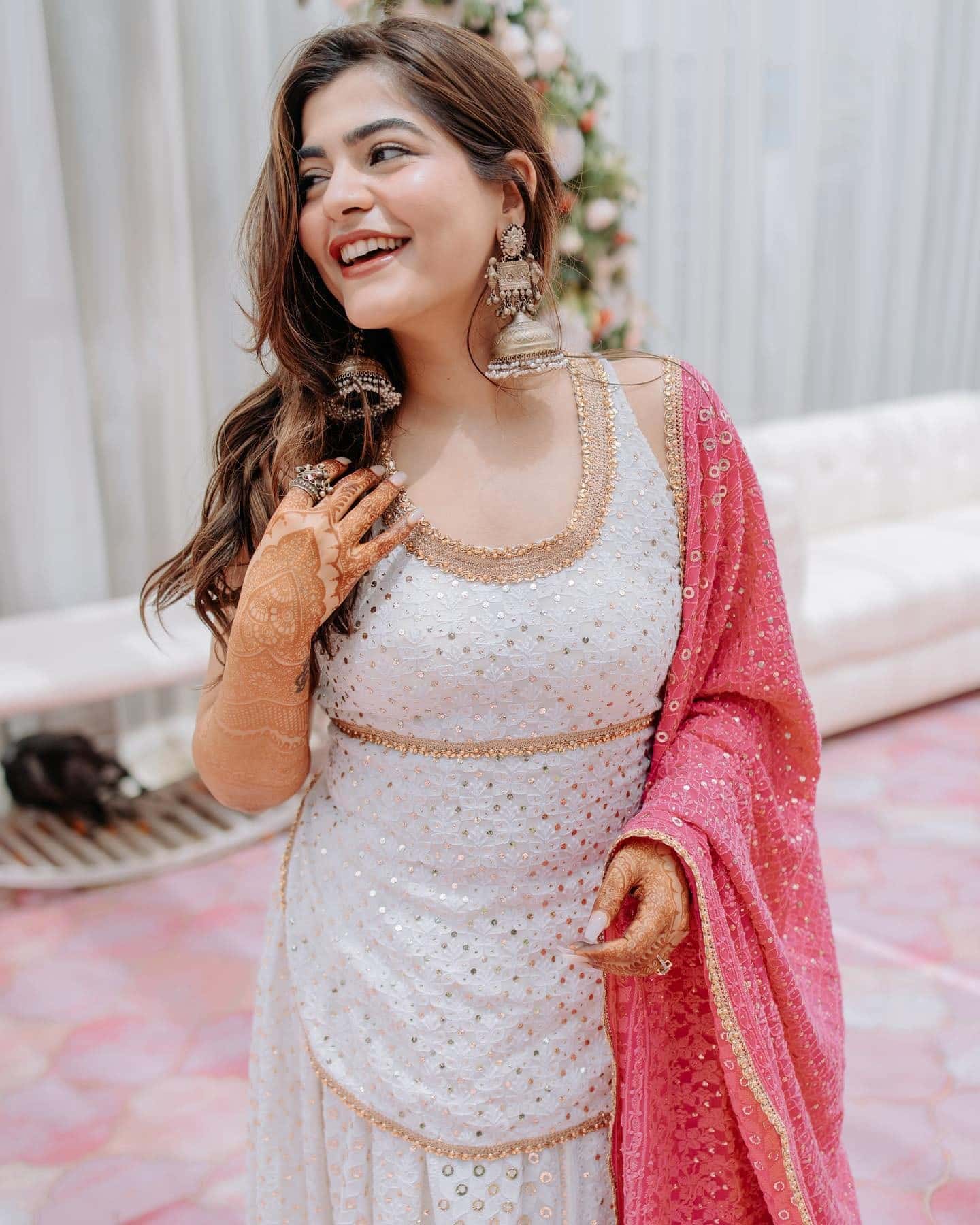 White Chikankari Lehenga Paired with Pink Dupatta