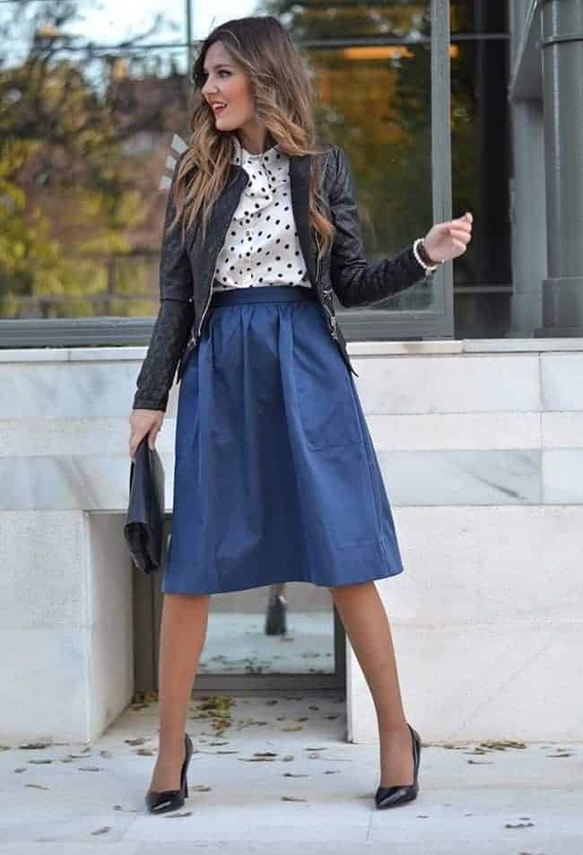 ↓10 – Biker jacket with Polka Dot Top and Midi Skirt