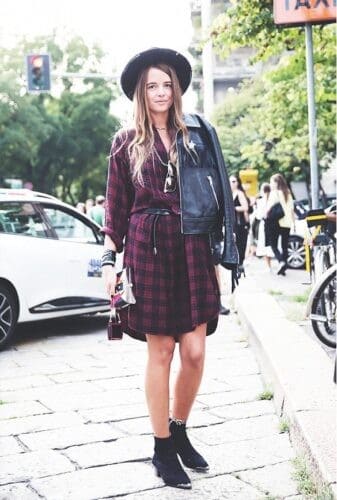 18 – Leather jacket With Maroon Plaid Dress