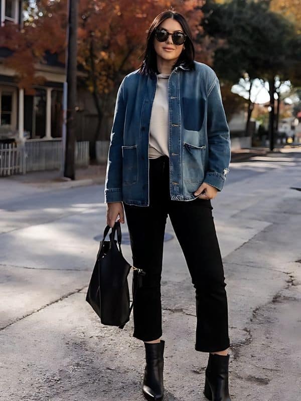 ↓ 12. Denim Jacket with Short Pants and Ankle Boots