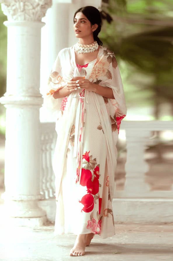 Floral Dress Paired with Cape Jacket