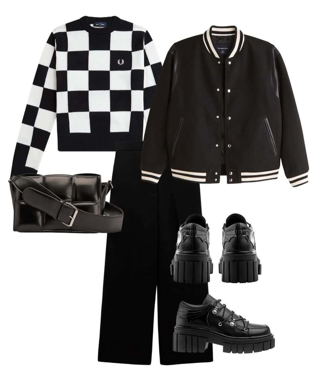 19 – Checkered Sweater Paired With Straight Leg Pants & Varsity Jacket