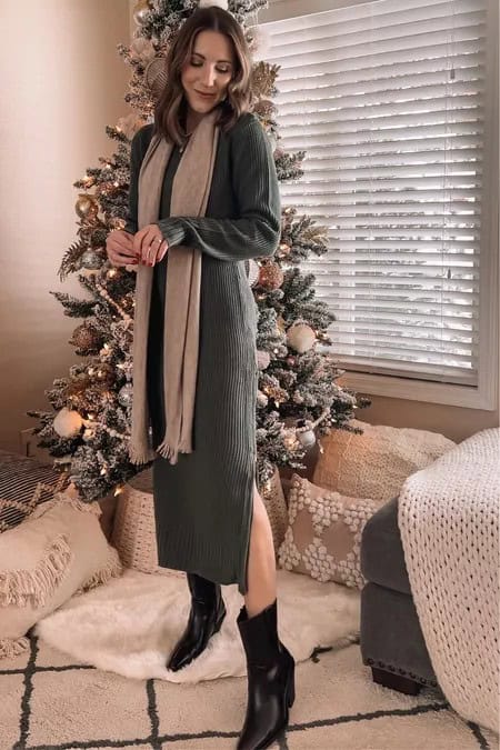 22 – Olive Green Sweater Dress With Black Heeled Combat Boots