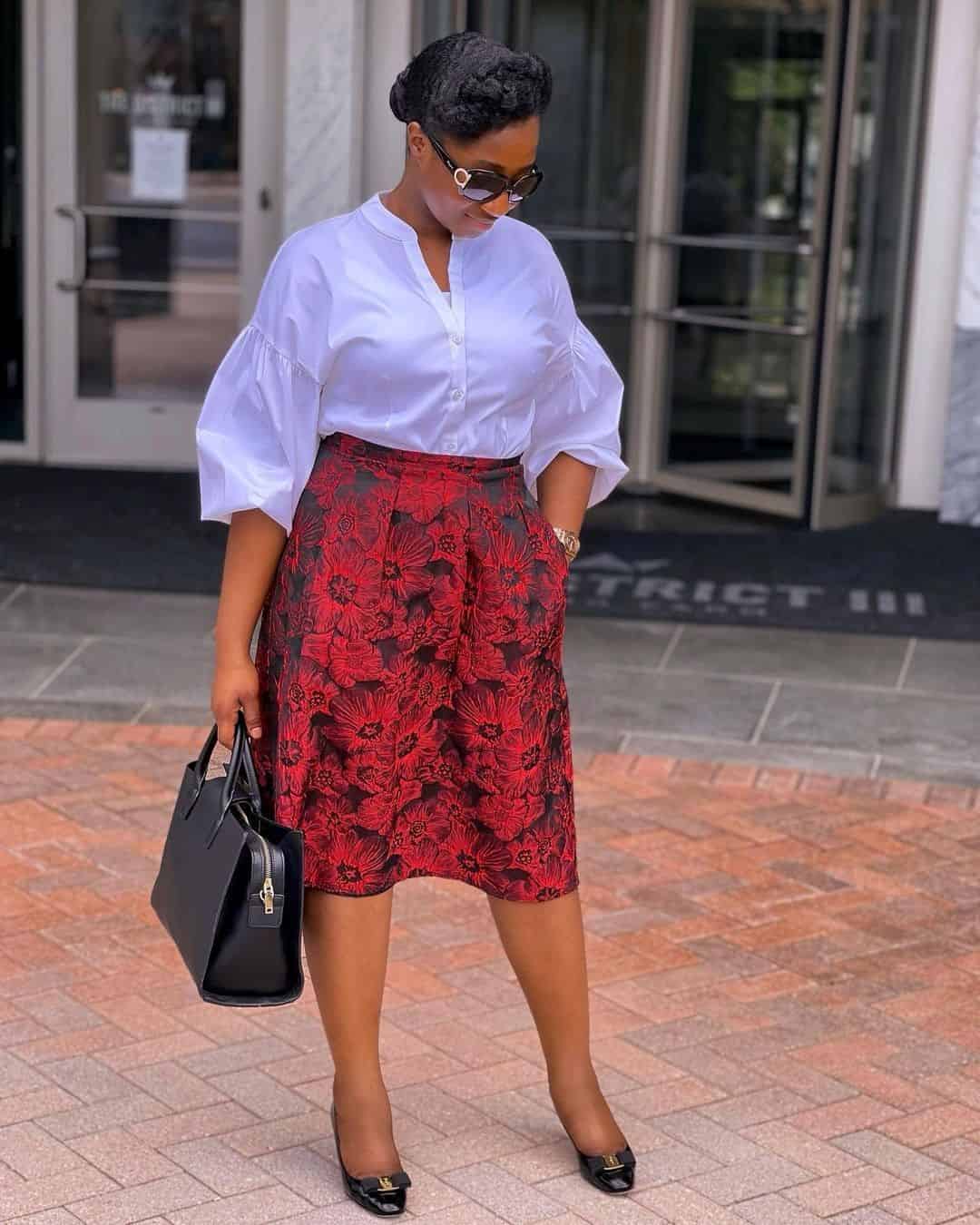 17 – Red Jacquard Skirt With White Buttoned-Down Blouse