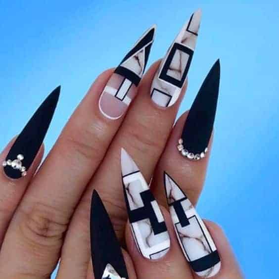 44 – Beautiful Black And White Nail Art For Long Nails