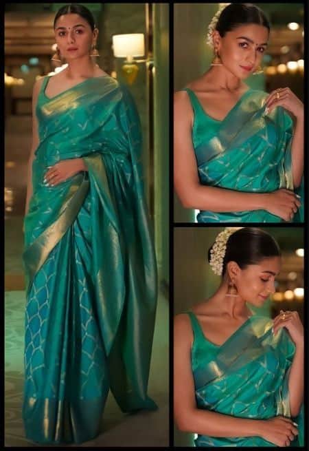 9 – Green Silk Saree with Zari Border and Gajra