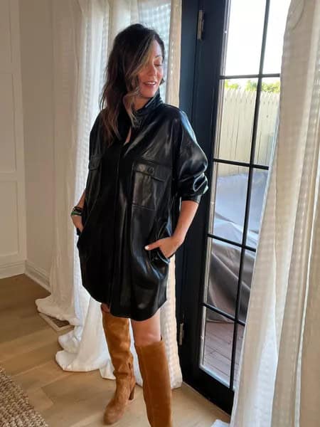 11 – Black Leather Shacket With Knee-High Boots