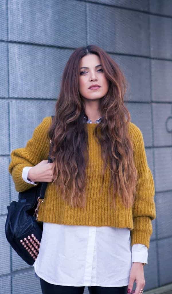 18 – White Shirt with a Mustard Yellow Knit Sweater