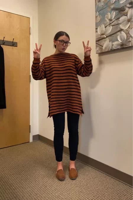 37 – Dull Orange And Black Side-Slit Oversized Sweater With Suede Ballet Flats