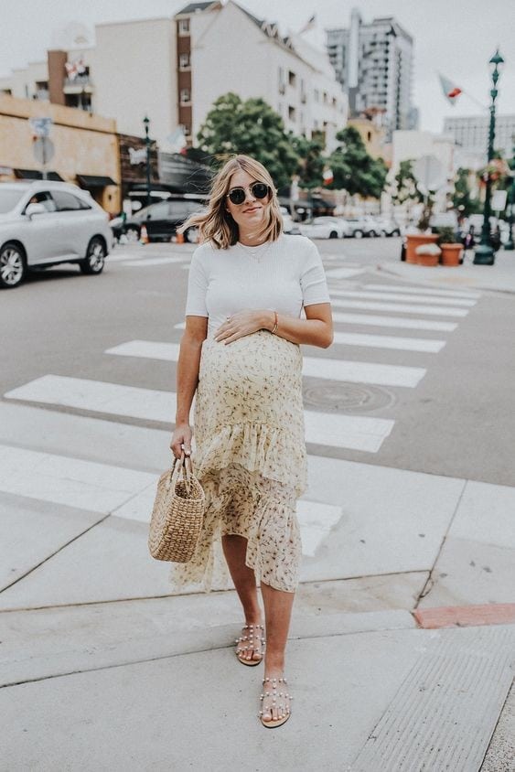 19 – Go For a Floral Flared Skirt and Pair it with Brown Sandals