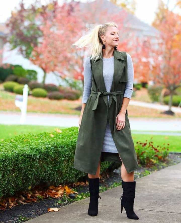 13 – Grey Bodycon With A Sage Green Coat And Booties