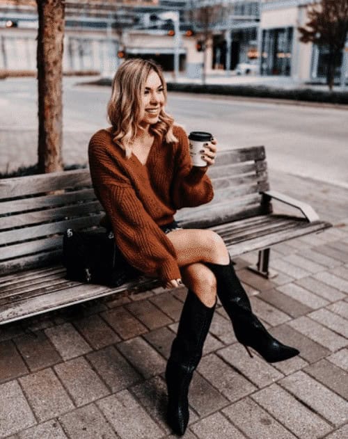 3 – Brown Knit Sweater With Black Heeled Boots