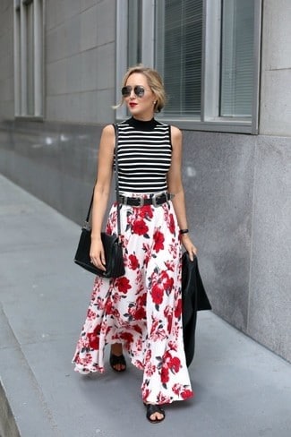 3 – Striped Line Mock Turtleneck Top With A Maxi Skirt