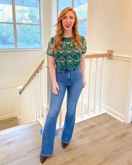 5 – Any Silk Blouse or Glittery Top + Boot Cut Jeans