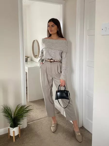 6 – Grey Off-Shoulder Top With Grey Pleated Pants And a Belt