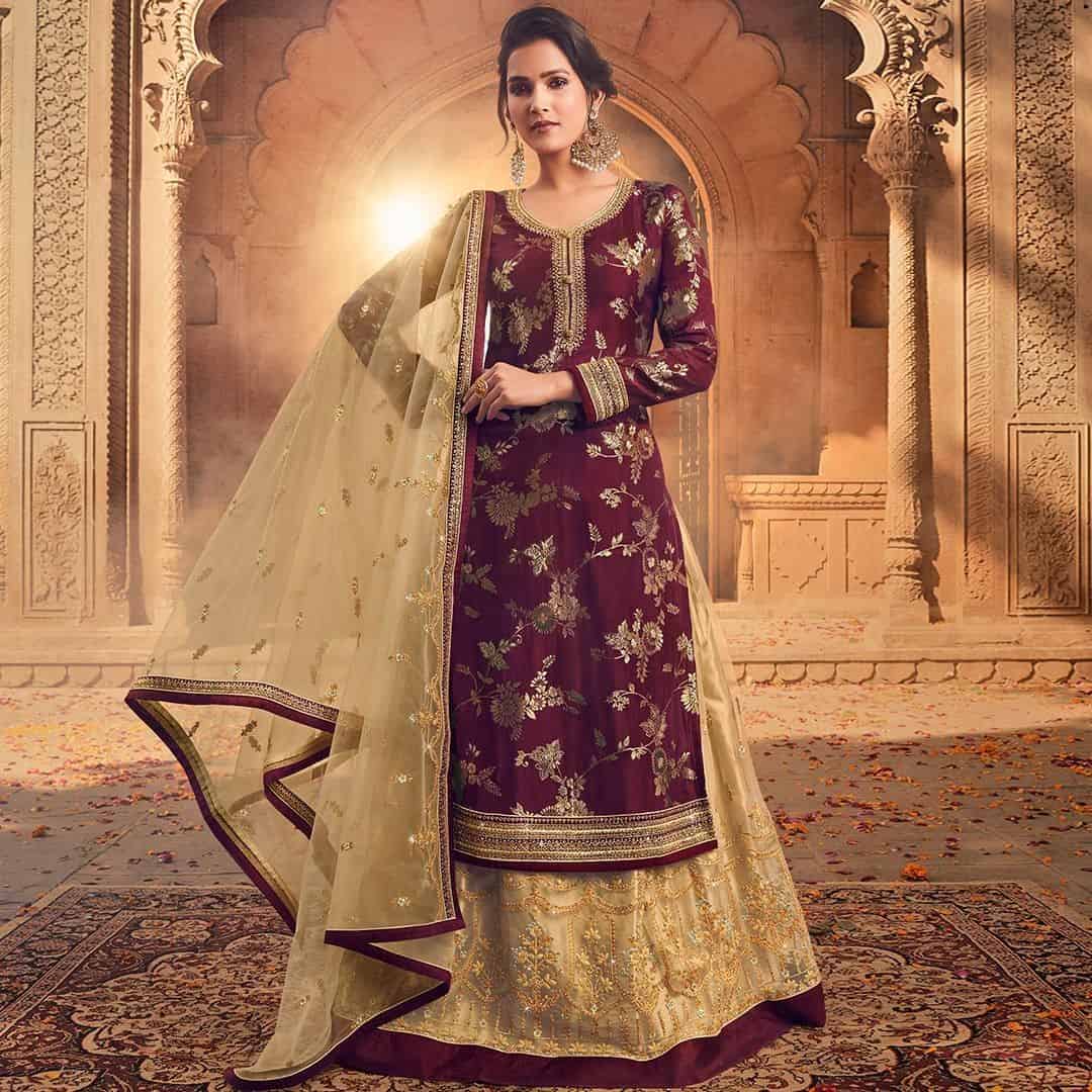 1 – Royal Blend Of Crimson Red And Beige Lehenga