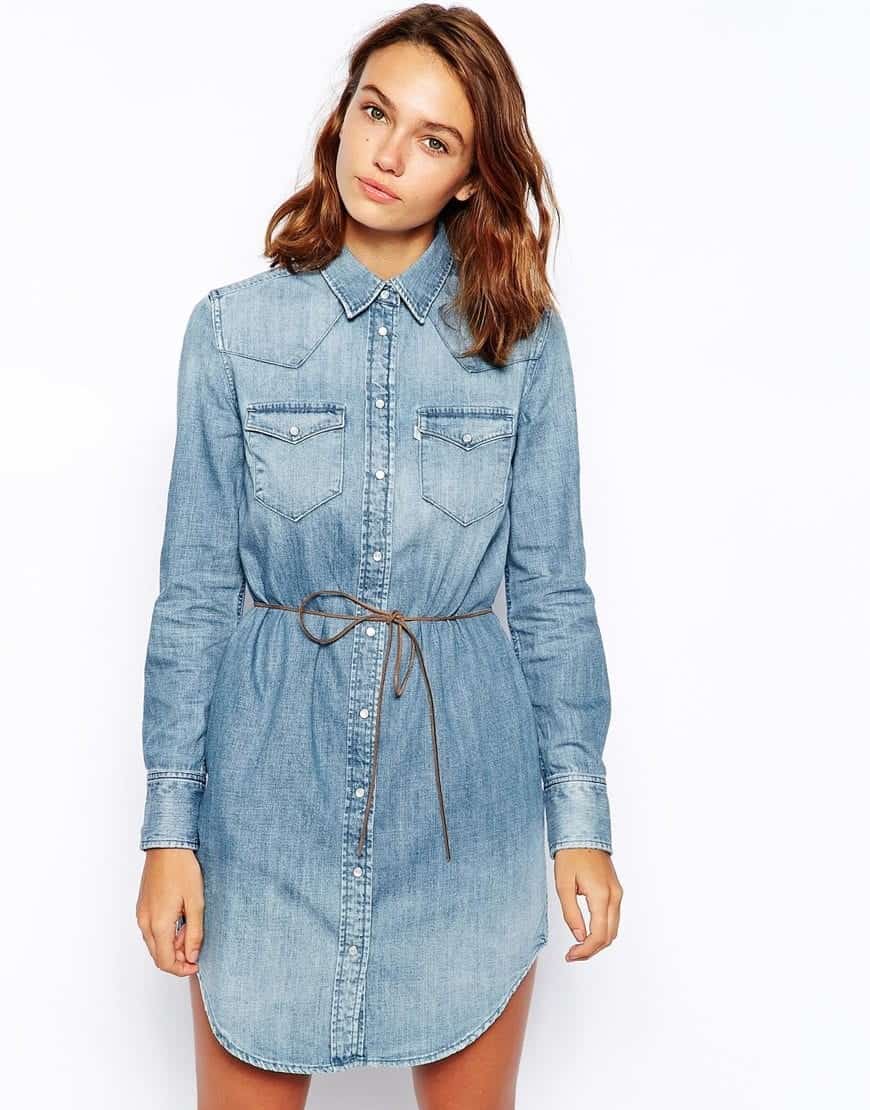 26 – Full Sleeves Collared Denim Dress For Lunch Date