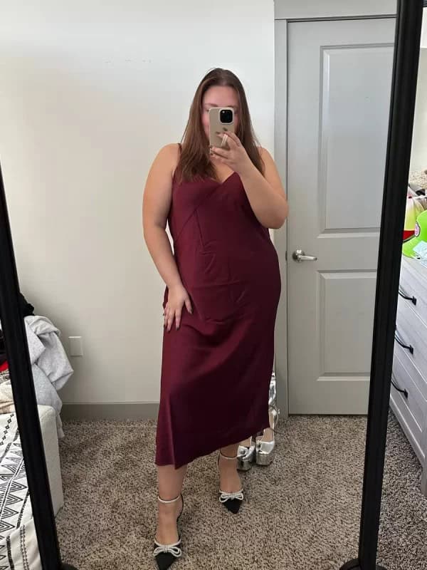 20 – Match Maroon Slip Dress with Black Glittery Heels