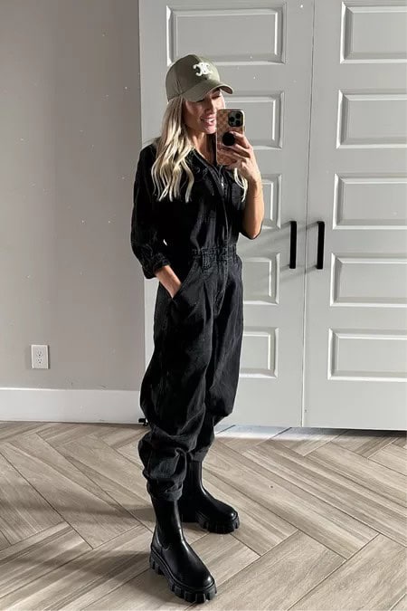 6 – Black Denim Jumpsuit With Center Zip And Black Chunky Boats