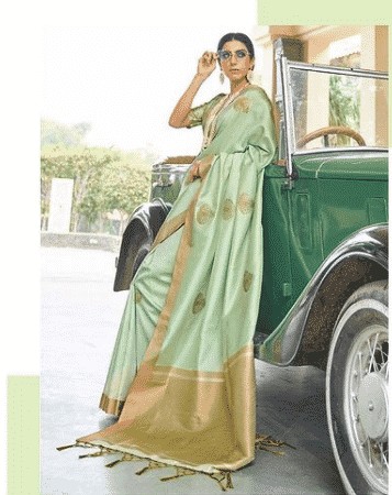 14 – Pistachio Green Satin Silk Saree