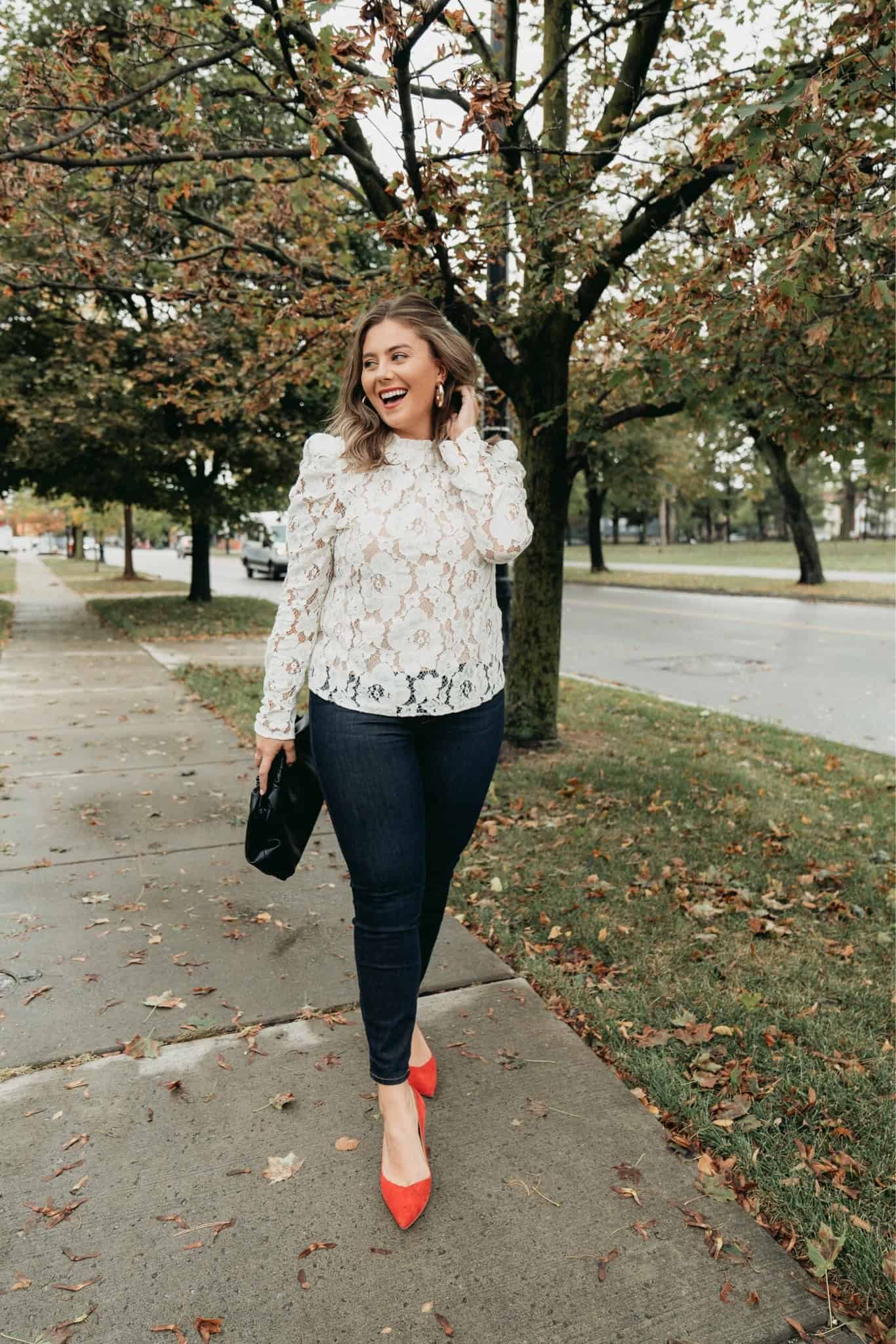 14 – Red Heels With Black Pants And White Net Shirt