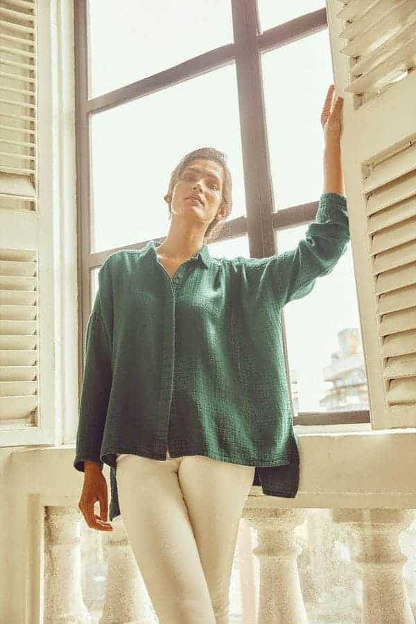 02 – Green Oversized Shirt With White Body Hugging Jeans