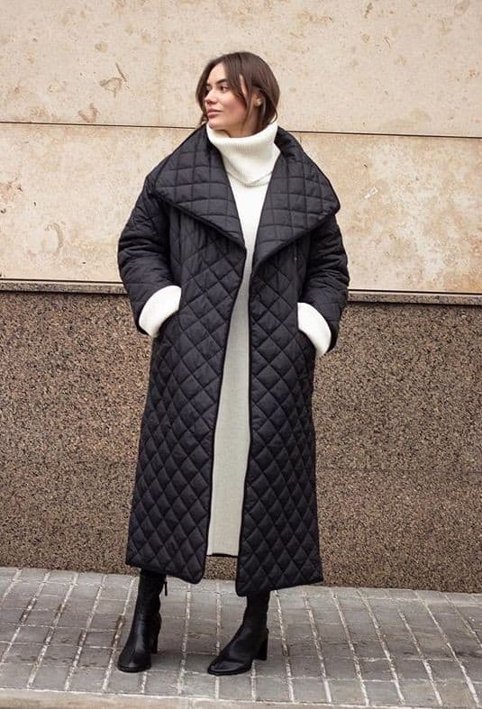 03 – Layer your Quilted Duvet Coat Over a Turtleneck Dress in Monochrome Shades