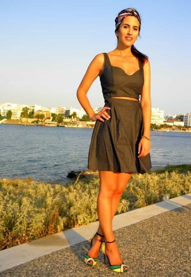 13 – Two-Piece Black Denim Top And Skirt With Open Toe Heels