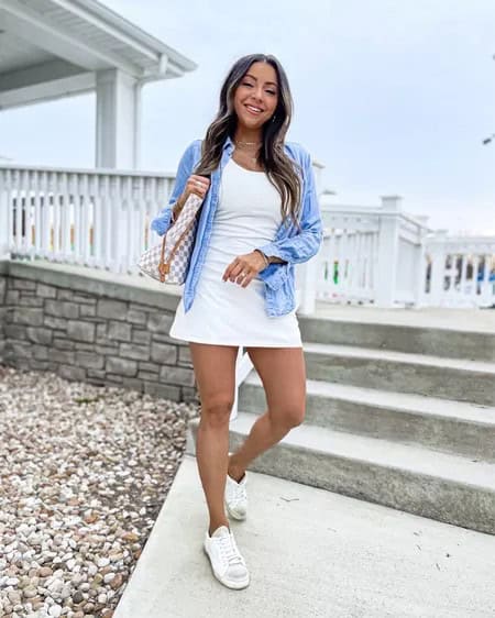 9 – White Roud-Neck Mini Dress With a Denim Jacket