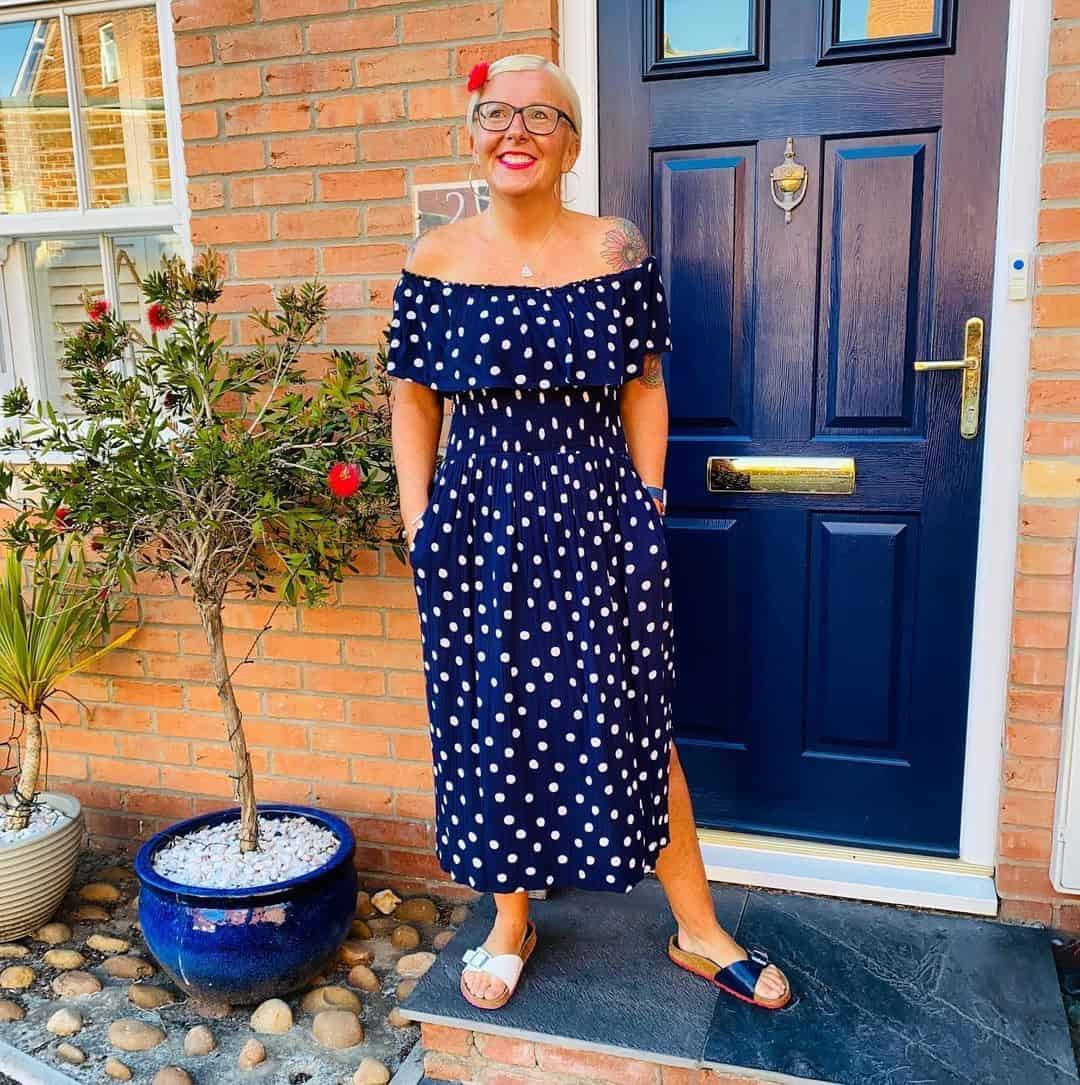 23 – Off-Shoulder Polka Dot Dress With Sandals