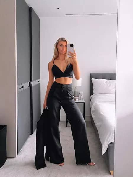 13 – Black Bralette On Black Pants With Silver Square-Toed Heels