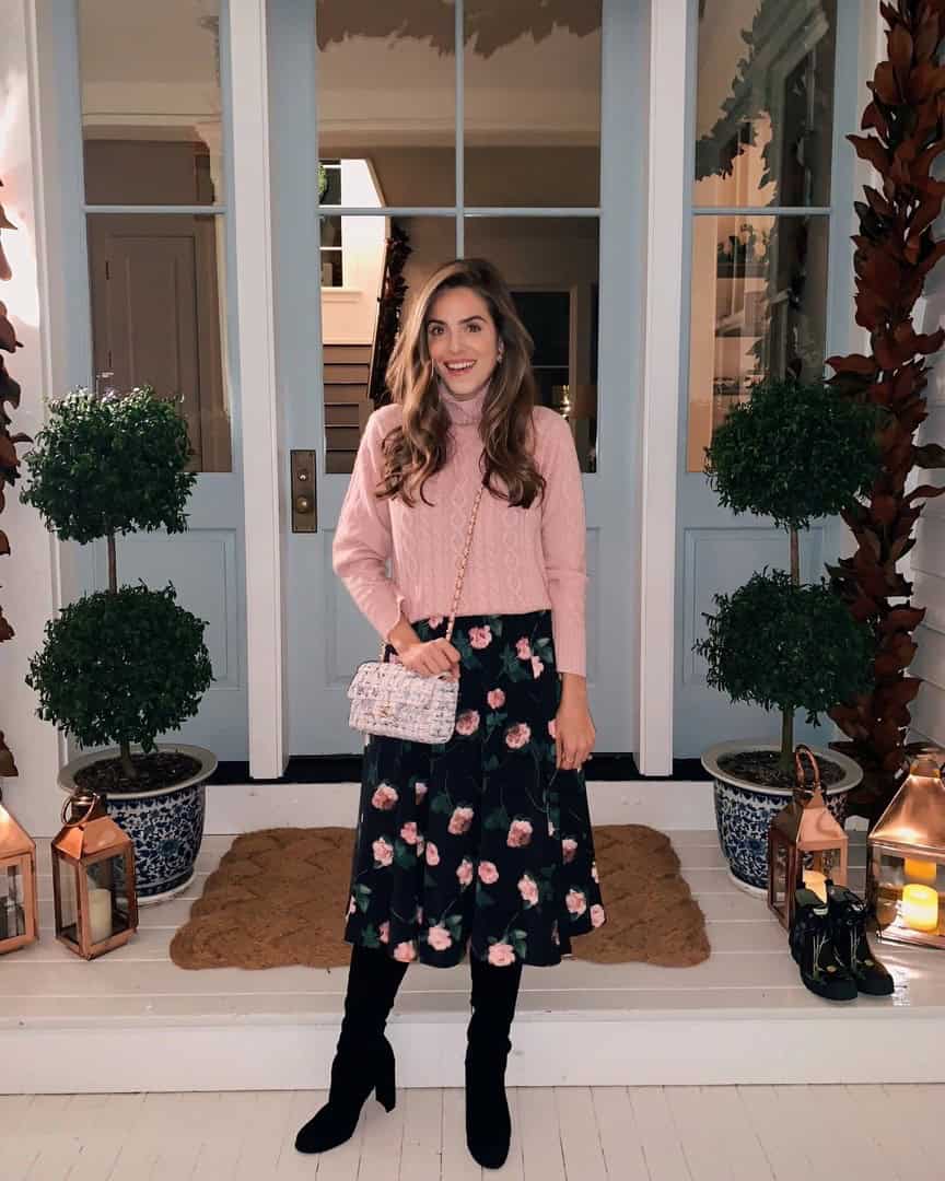 07 – Style a Floral Skater Skirt Outfit With a Blush Cardigan & Boots