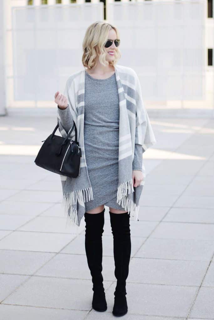 16 – Grey Wrap Dress With Black Knee High Boots