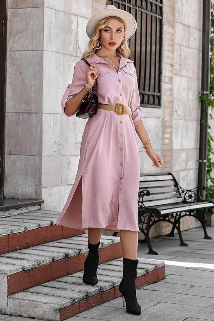 09 – Pink Long Side Slit Shirt Dress With High Heel Boots