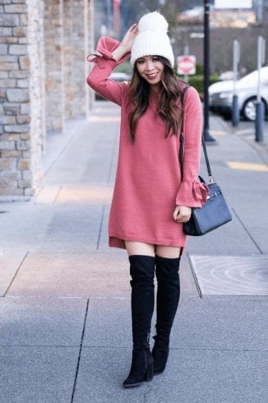 ↓ 17. Trendy Thigh-High Boots and Neutral Coat