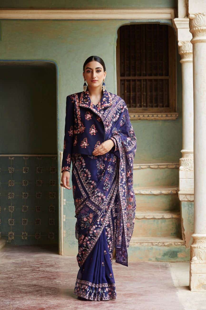 Embroidered Saree Paired with Embroidered Biker Jacket