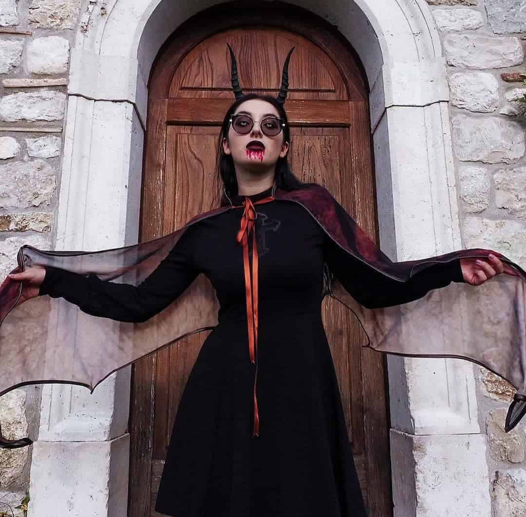 1 – Maleficient / Vampire Look With Dark Dress and Scarf Draped to Look Like Bat Wings