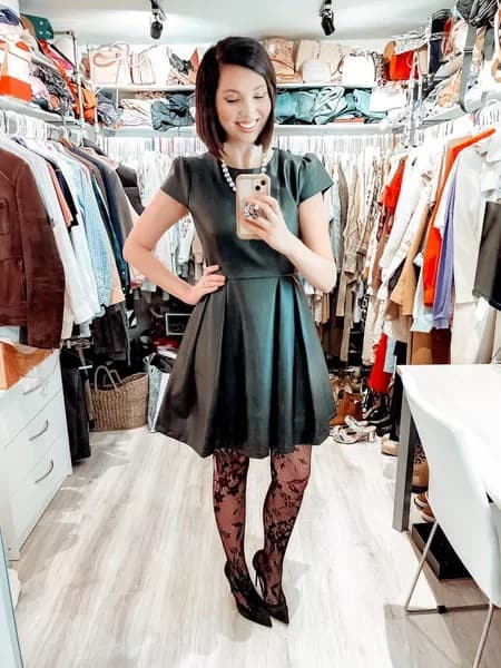 2 – Leather Flare Dress With Tights & Pumps