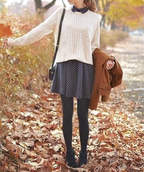 13 – White Sweater With Polka Dot Dress And Black Leggings