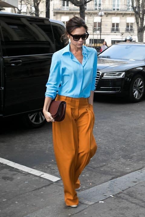 10 – Blue collared shirt with mustard formal pants