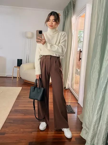 2 – Neutral Colored Mock Neck With Dull Brown Wide-Legged Pants