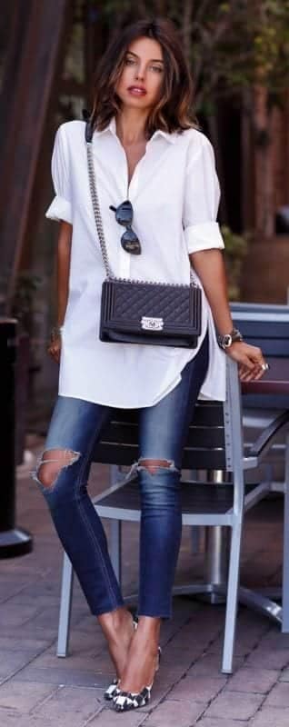 10 – White Tunic Top + Ripped Jeans