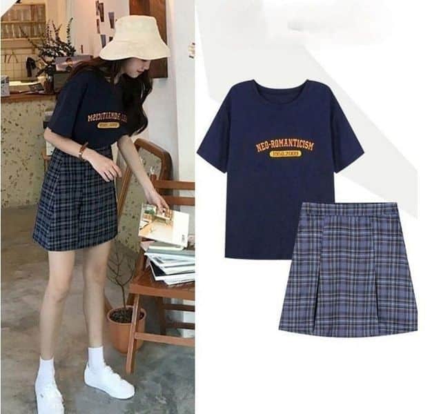 8 – Graphic Blue Tee With A Blue Plaid Skirt