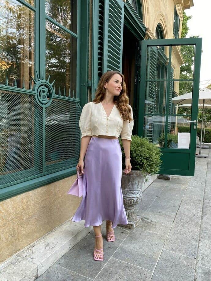 29 – Pair an Ivory Blouse with Satin Midi Skirt