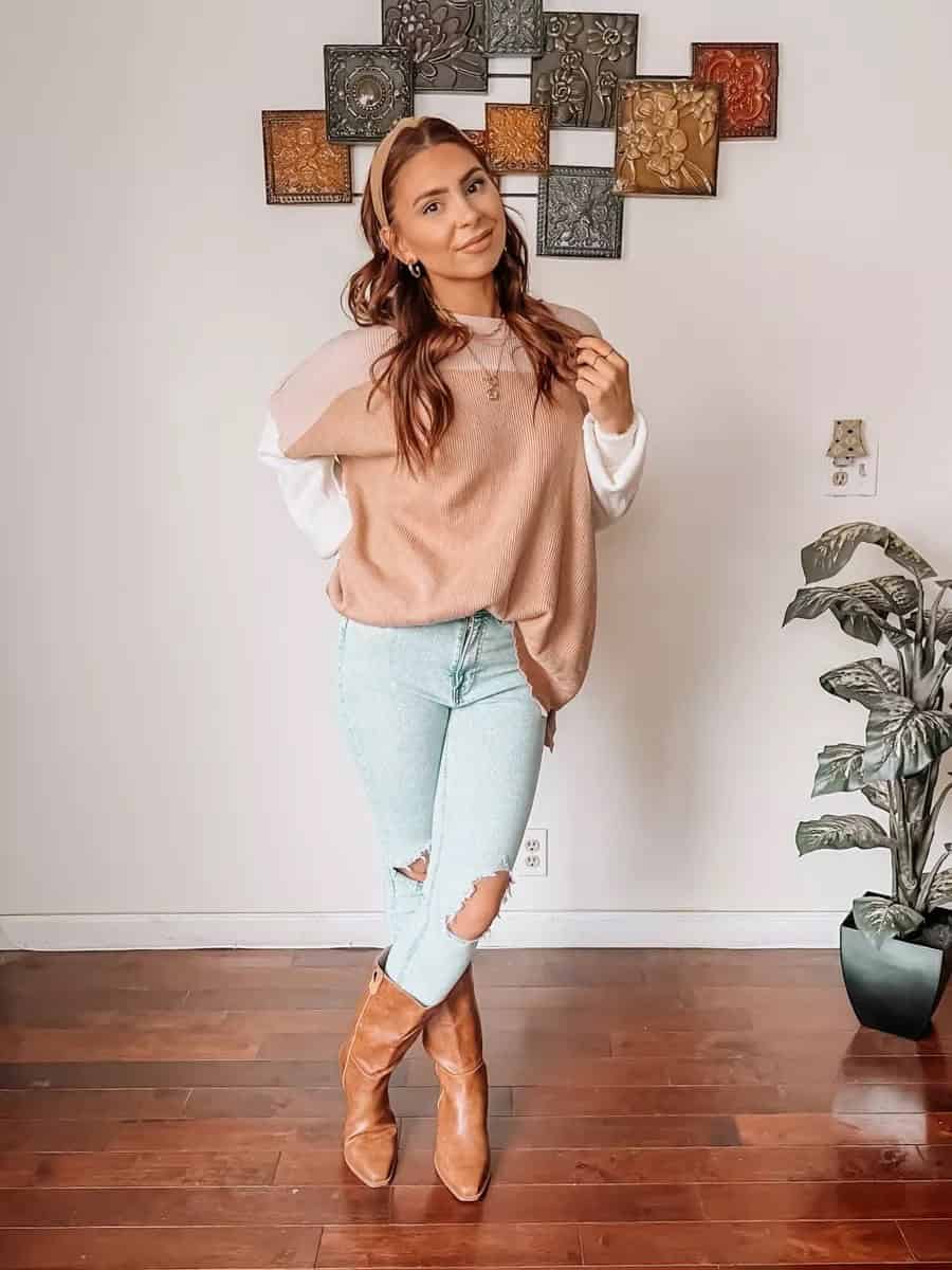 12 – Oversized Pullover Sweater With Jeans And Cowgirl Mid-Calf Boots