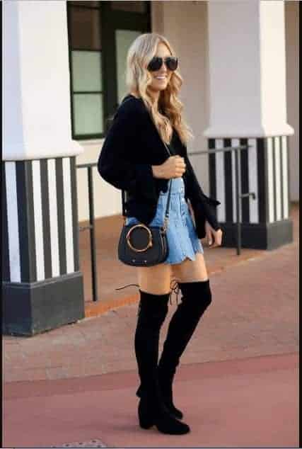 ↓ 19. Denim Skirt with Thigh-high Boots