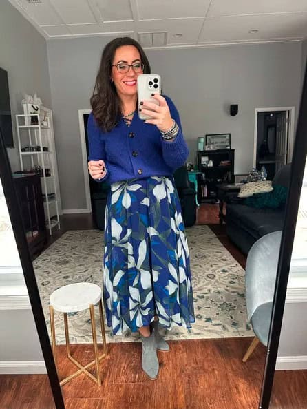 18 – Blue Floral Skirt with a Blue Cardigan