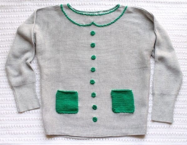 #3  SWEATER MAKEOVER – NEW COLLAR, CROCHET BUTTONS, AND KNIT POCKETS