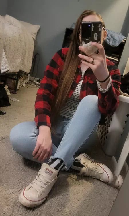 19 – Striped Shirt With Red Plaid Flannel & Jeans